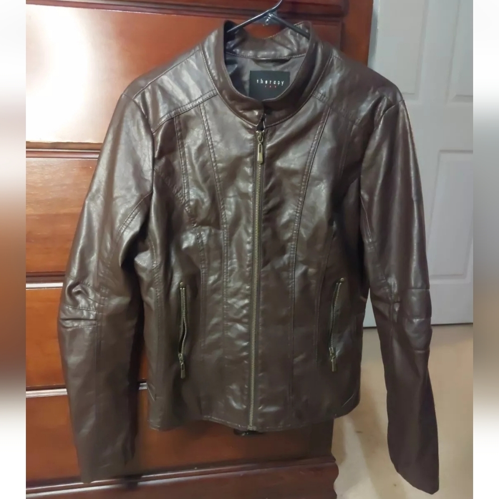 Therapy‎ Brown Leather Jacket Size petite XL Womens